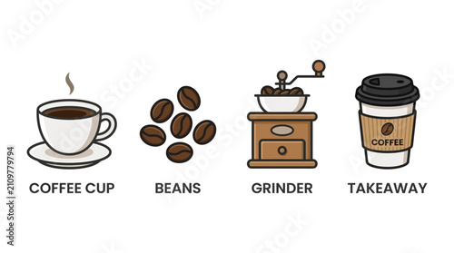 Flat vector illustration set featuring a steaming coffee cup, roasted beans, vintage grinder, and takeaway cup.