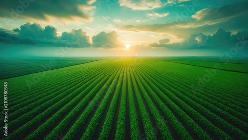 Sunset shining over expansive green farm field with tractor tracks, aerial perspective of agricultural landscape
