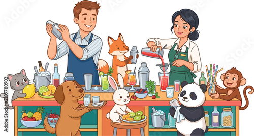 Photography Friendly bartenders and cute animal characters preparing fresh juices and colorf