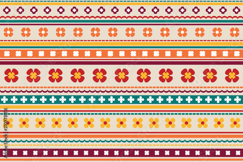 Seamless folk-inspired floral pattern with colorful decorative stripes in warm retro tones.