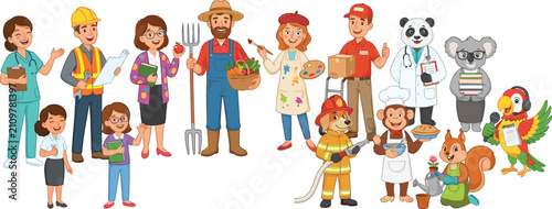 Photography Diverse group of professionals and cute animal characters standing together repr