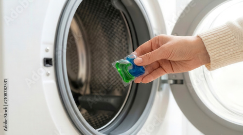 Female hand holding laundry detergent capsule placing into washing machine, household chores and modern cleaning