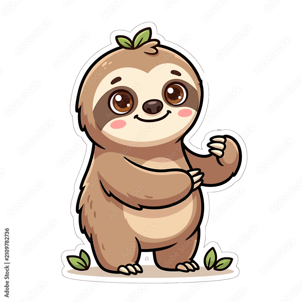 Obraz premium Cute Cartoon Sloth with Leaf on Head.