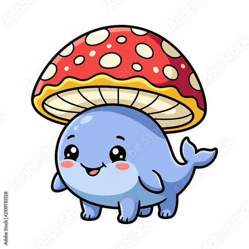 Cute Whale with Red and White Polka Dot Mushroom Hat.