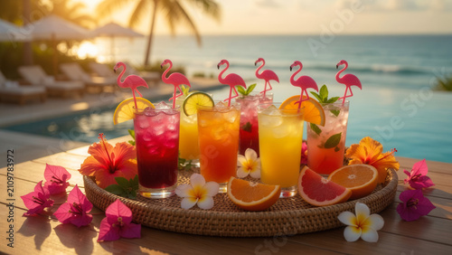 Colorful tropical cocktails with flamingo drink stirrers on a tray, summer party celebration and luxury resort vacation