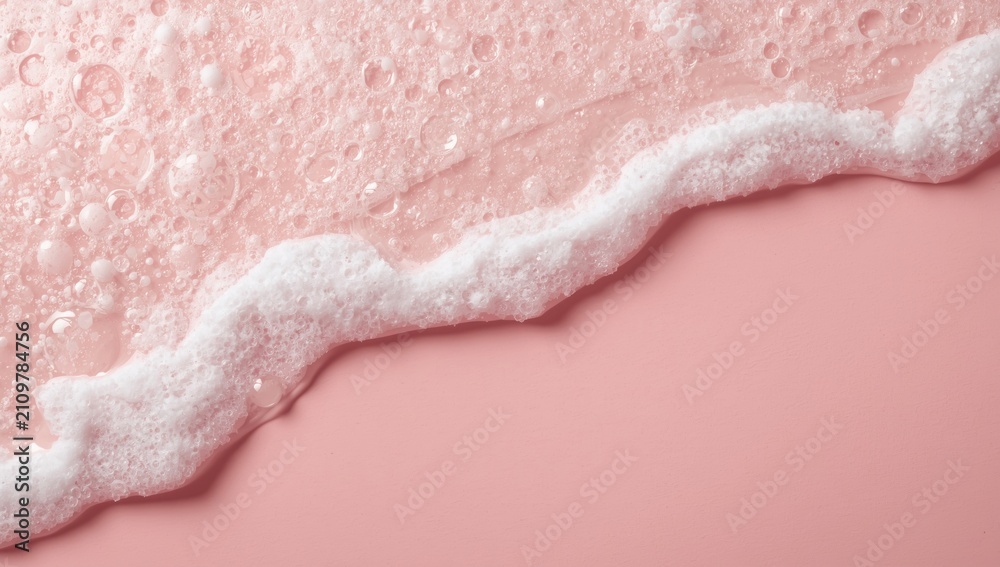 Fototapeta premium Shaving foam and shampoo bubbles forming a foamy texture on a pastel pink backdrop surface