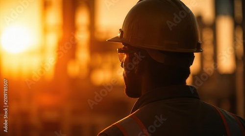 Silhouette of a worker in hard hat facing a golden sun during a heat wave at an industrial site.