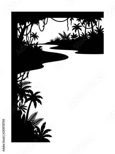 Tropical Jungle Landscape Silhouette with Winding River and Palm Trees
