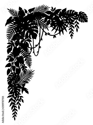 Tropical Jungle Leaves Silhouette Corner Border Frame with Monstera and Palm Fronds