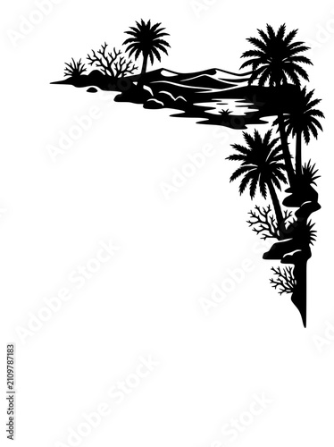 Tropical Palm Tree and Mountains Shoreline Corner Frame Silhouette