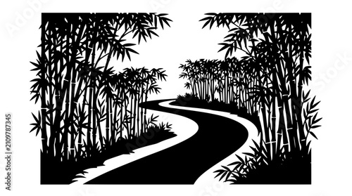 Winding Path Through a Bamboo Forest Silhouette Illustration