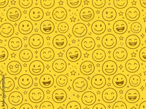 Happy Smiley Face Seamless Pattern on Bright Yellow Background