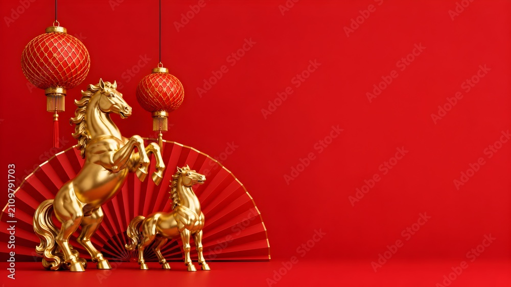 Fototapeta premium Chinese new year golden horse decoration with red lanterns symbolizing prosperity celebration and festive tradition