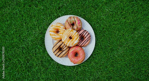 Valokuva Colorful Donuts on Plate - Top View, Green Grass Background, Vibrant and Fun