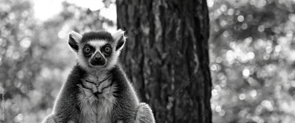 Fototapeta premium Lemur Staring Curiously - Forest Background, Black and White, Close-Up