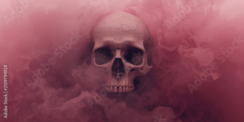 Skull surrounded by pink smoke on a dark background
