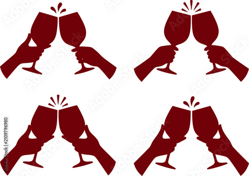People raise their glasses filled with dark red beverage to perform a celebratory toast during social gatherings and festive evening events which signifies joyous moments shared among dear
