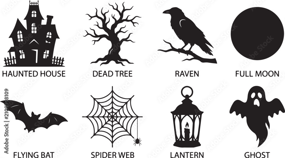 Fototapeta premium Set of black silhouette icons for halloween featuring spooky haunted house tree raven moon bat spiderweb lantern ghost