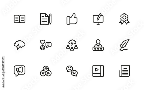 Storytelling icon set for digital publishing. Professional and modern icons illustration emphasizing book symbols, author tools, and narrative communication.
