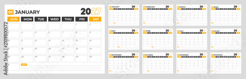2027 monthly desk planner calendar template vector illustration with yellow accent header, 12 months full set layout, Sunday start week, and notes section space.