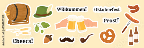 Oktoberfest vector sticker pack set, beer festival stickers with pretzel, sausages, barrel, hops, bavarian hat and cheers phrases.