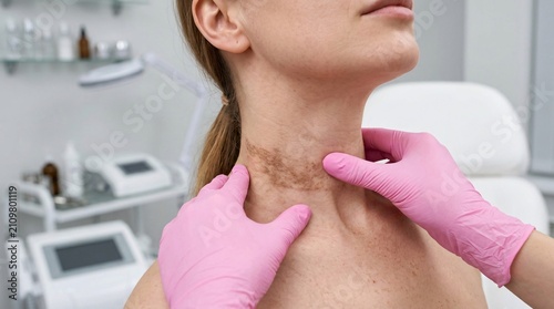 Doctor in pink gloves examining hyperpigmentation and brown spots on patient neck in dermatology clinic, skin pigmentation diagnosis
