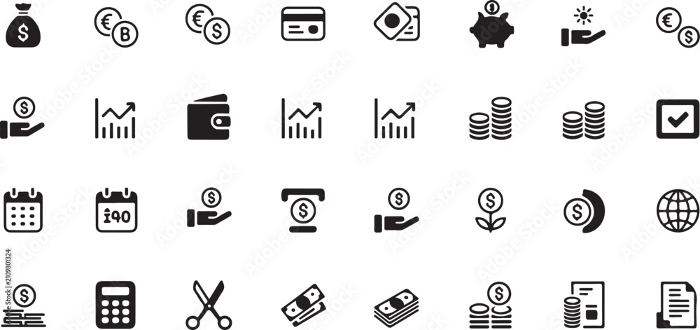 Fototapeta premium Financial Management Icon Set, Money Bag Credit Card Savings ATM and Investment Outline Symbols