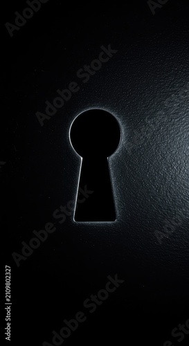 A close view of a metallic keyhole slot on a dark, textured surface, representing security, access, and hidden opportunity ,metal ,door ,concept