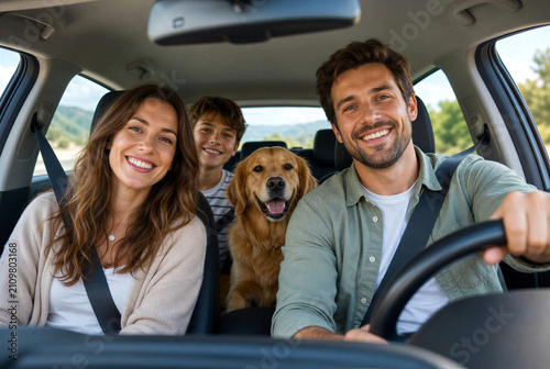 Happy Family with Son and Dog Travelling in Car on Road Trip