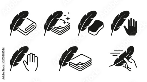 Quadro su tela Cleaning and dusting icon set showing feather duster with books, cloth, and hand