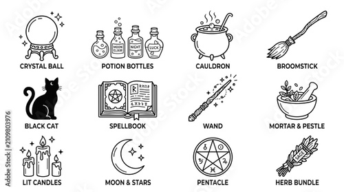 Quadro su tela Witch Magic Icon Set Line Art – Crystal Ball, Cauldron, Spellbook, Wand, Black C