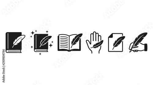 Photos Cleaning and dusting icon set showing feather duster with books, cloth, and hand