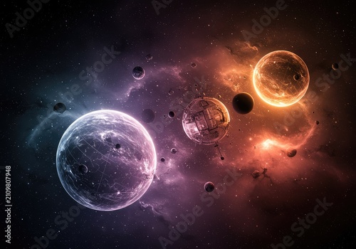 A stunning fantastical background featuring glowing spheres, swirling nebulae, and geometric architecture intersecting in deep space ,tunnel ,digital ,deep space