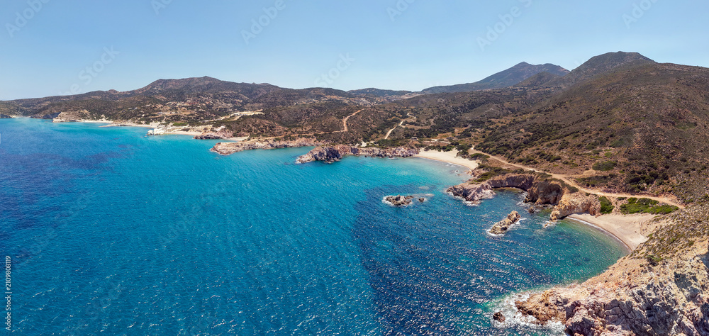 Obraz premium Panoramic aerial view of Ammoudaraki and Triades beaches, Milos island, Greece
