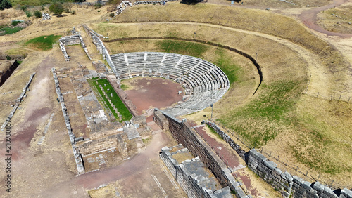 Panoramic aerial view of ancient theatre of Messene, Peloponnese, Greece