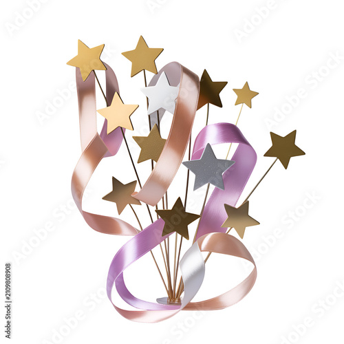 Golden Star Balloon Bouquet with Curled Ribbons for Birthday Party Celebration Isolated on White Background
