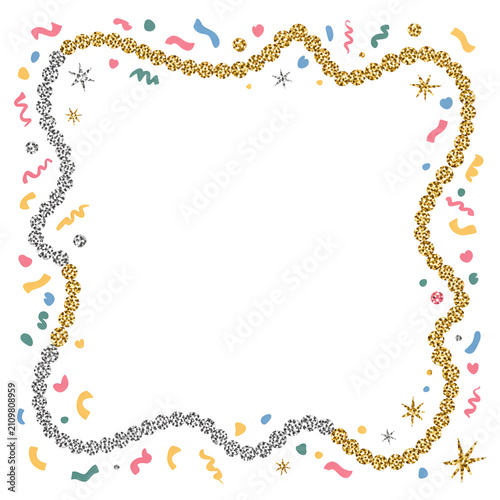 Colorful Birthday Confetti Border Frame with Streamers and Party Decorations Isolated on White Background