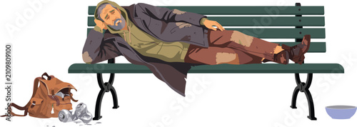 Homeless Man Character Sleeping on a Park Bench Vector Illustration with Dirty Clothes, Old Backpack, Tin Cans, and Donation Bowl Elements