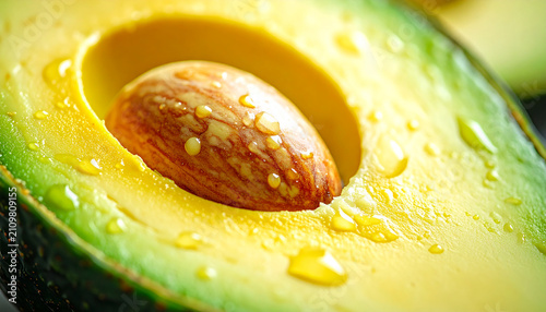 Extreme Macro Close Up of Fresh Avocado Flesh and Seed with Water Droplets, Healthy Superfood Texture