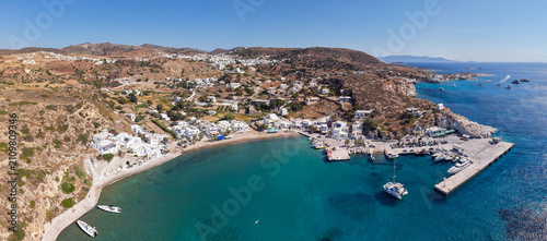 Panoramic aerial view of Psathi port and beach, Kimolos island, Greece