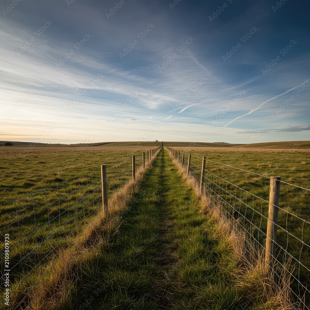 Obraz premium Boundary line of a large, undeveloped parcel of land marked by a sturdy wire fence extending across the landscape ,extending ,long ,temporary