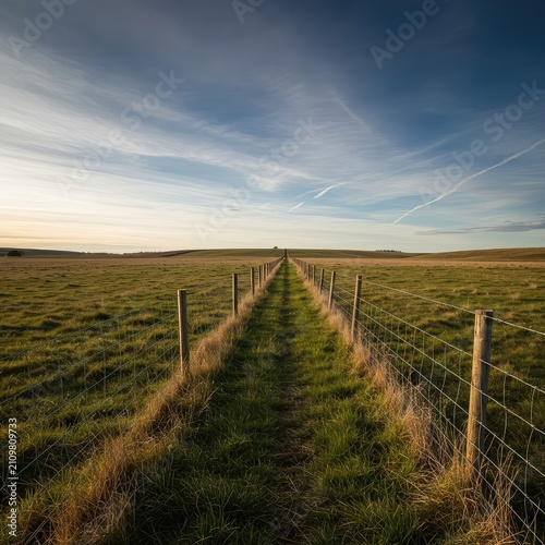 Boundary line of a large, undeveloped parcel of land marked by a sturdy wire fence extending across the landscape ,extending ,long ,temporary