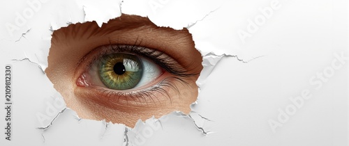 Cuadro en lienzo Eye peeking through a crack in white wall