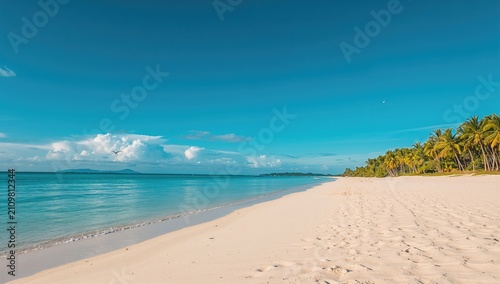 Fotografie Tropical Beach with White Sand and Turquoise Water on a Clear Day
