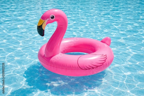 Fotografía Pink Flamingo Inflatable Swim Ring Floating in Blue Swimming Pool Water