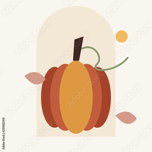Minimalist geometric pumpkin illustration with abstract fall leaves and autumn colors on a neutral background.