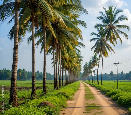 Scenic Tropical Coconut Palm Tree Lined Country Road Through Lush Green Agricultural Fields Under Blue Sky, Peaceful Rural Landscape with Coconut Plantation, Natural Countryside Environment, Eco Farmi