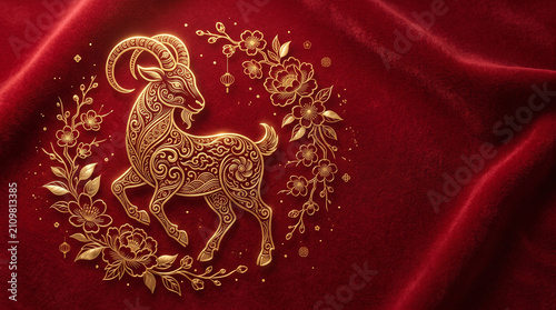 Gold goat zodiac symbol with floral pattern for Chinese New Year on red velvet background