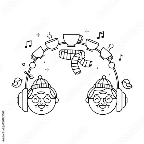 Minimalist line art illustration of elderly couple with headphones, senior citizens listening to music and drinking tea, cozy winter lifestyle vector