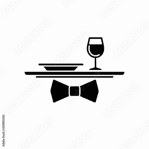Black silhouette of a waiter's tray holding a plate and a wine glass with a formal bow tie underneath. Minimalist flat design on a white background representing fine dining and luxury service.